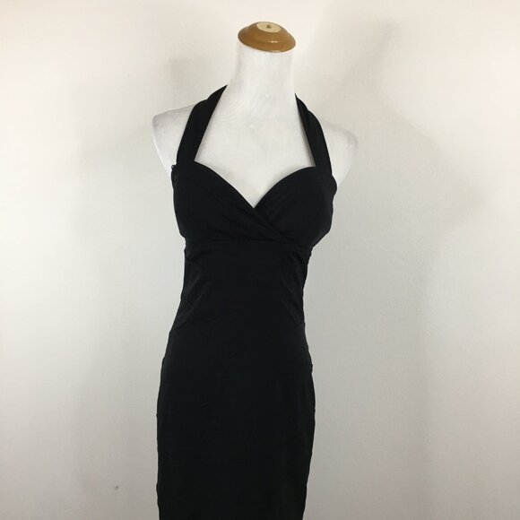 Vintage BCBGMAXAZRIA Paris Black Stretchy Layered Fitted Halter Dress - Picture 5 of 10